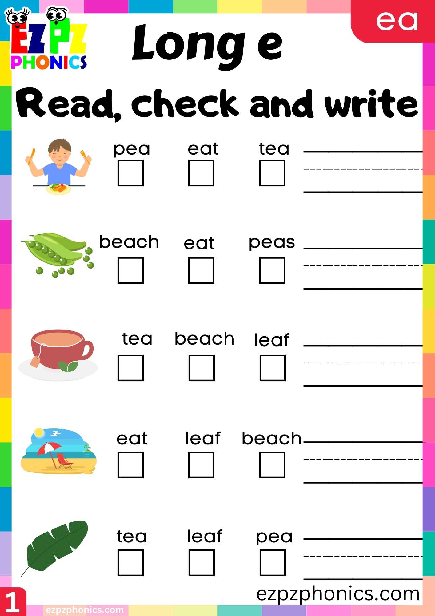 Group1 EA Words Read, Check And Write Long E Phonics Worksheet